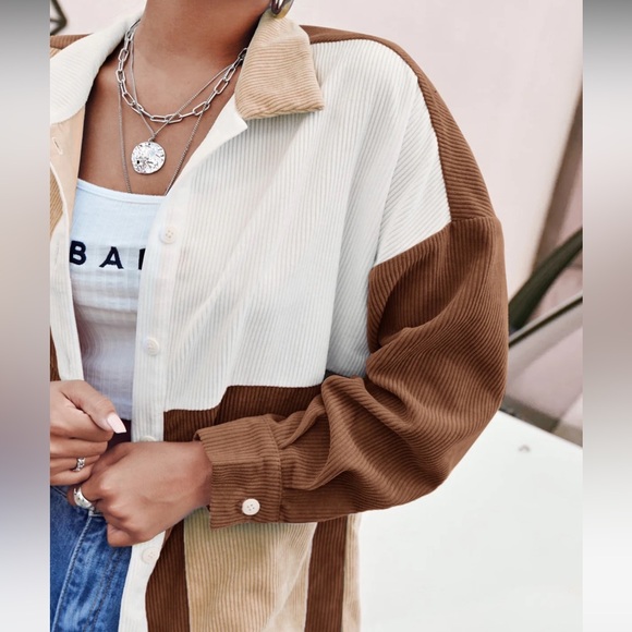 Brown and White Corduroy Collared Button Down Shirt | Brand New Size M - Picture 3 of 4